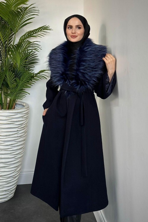 Felicia Yakası Kürklü Astarlı Kaban Lacivert