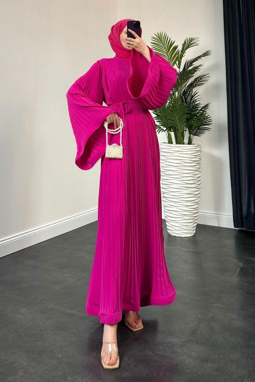 Felix Pliseli Elbise Fuşya