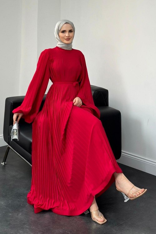 Felix Pliseli Elbise Kırmızı