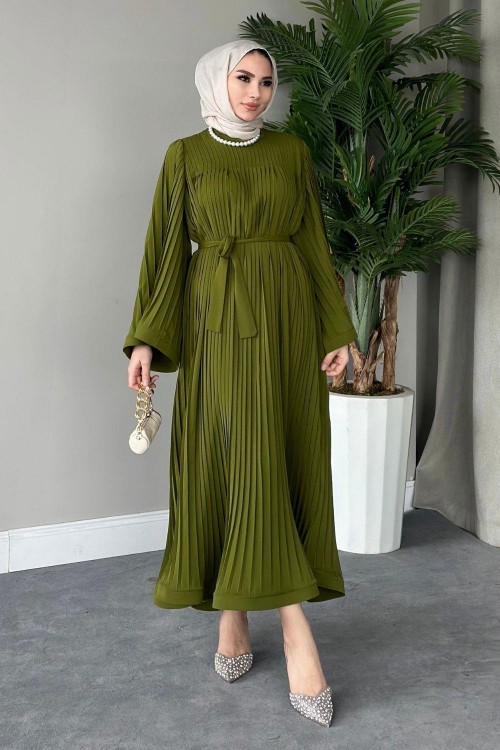 Felix Pliseli Elbise Yağ Yeşili