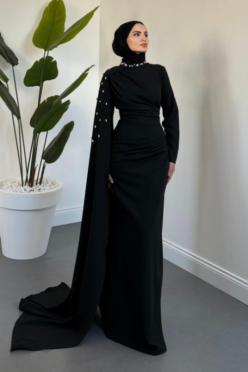 Feranya Yandan Taşlı Pelerinli Balık Abiye Siyah