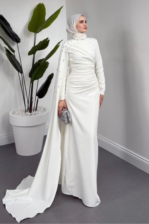 Feranya Yandan Taşlı Pelerinli Balık Abiye Beyaz