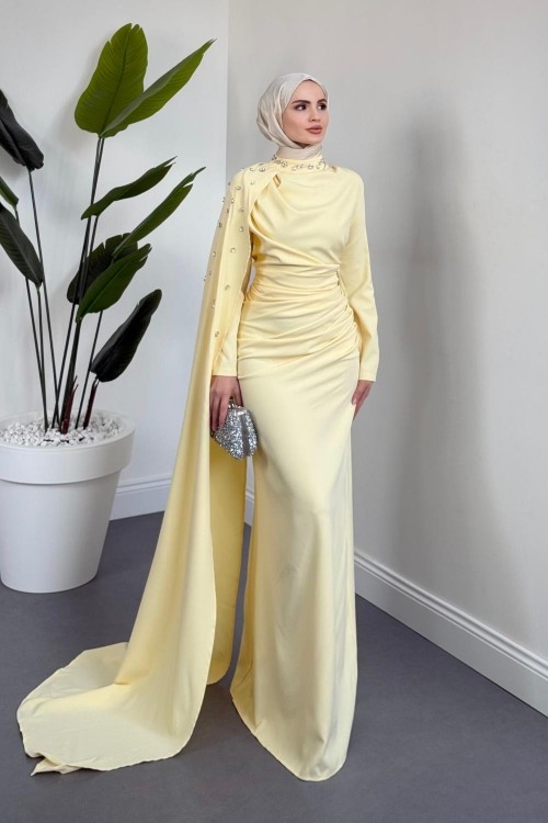 Feranya Yandan Taşlı Pelerinli Balık Abiye Butter Yellow