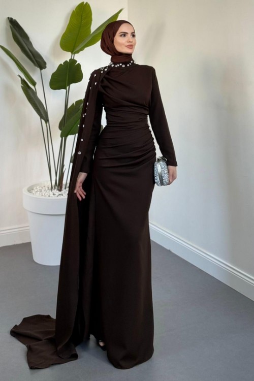 Feranya Yandan Taşlı Pelerinli Balık Abiye Kahverengi