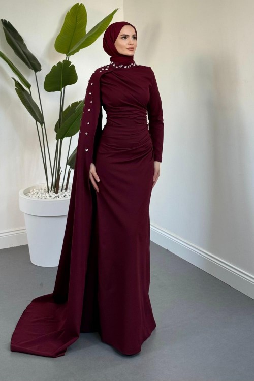 Feranya Yandan Taşlı Pelerinli Balık Abiye Bordo