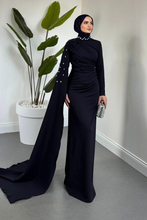 Feranya Yandan Taşlı Pelerinli Balık Abiye Lacivert