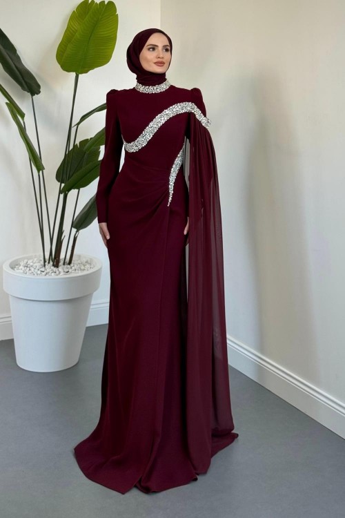 Feriha Yandan Pelerinli Taşlı Özel Tasarım Abiye Vişne Çürüğü