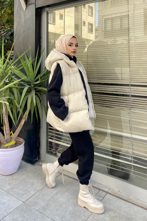 Fermuar Detay Yelek Bej