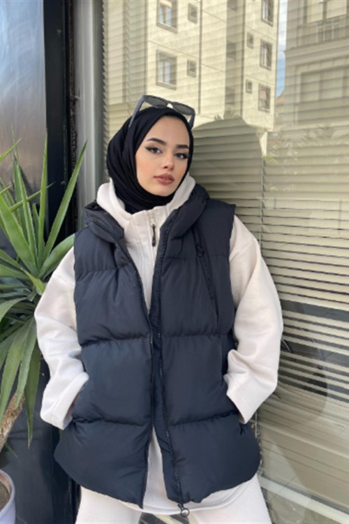 Fermuar Detay Yelek Siyah