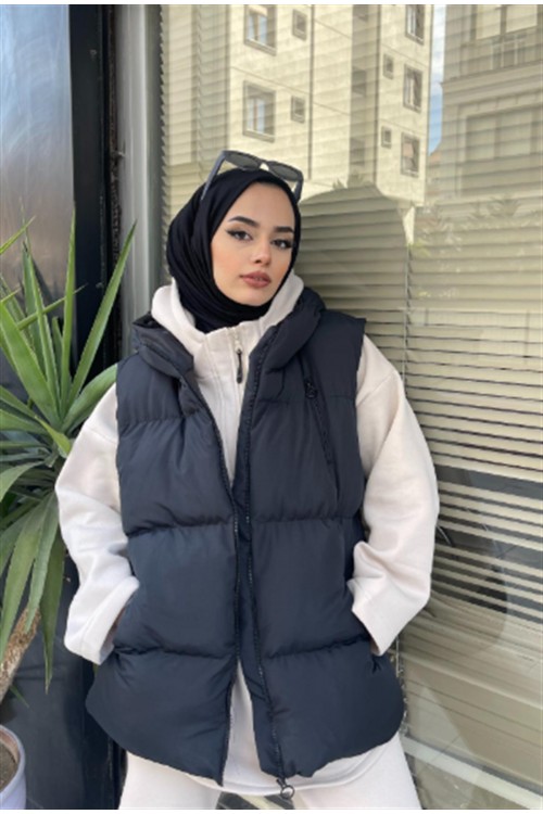 Fermuar Detay Yelek Siyah