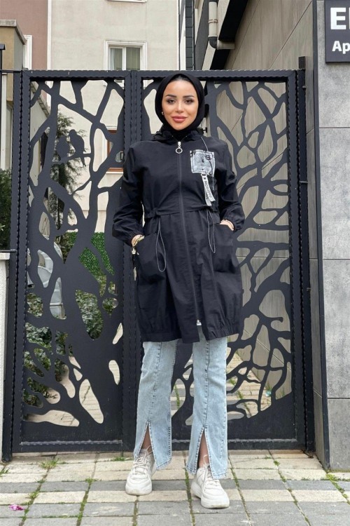 Fermuarlı Beli Büzgülü Yağmurluk Siyah