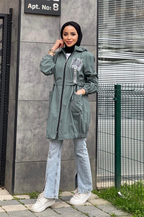 Fermuarlı Beli Büzgülü Yağmurluk Mint