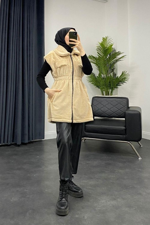 Fermuarlı Peluş Yelek Bej