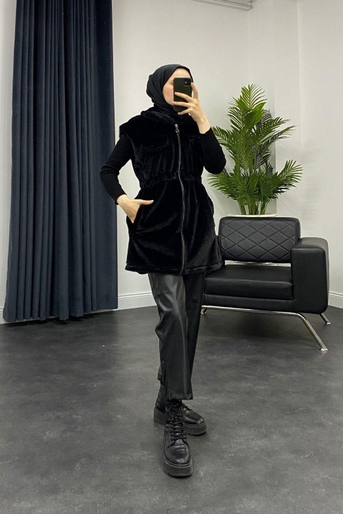 Fermuarlı Peluş Yelek Siyah