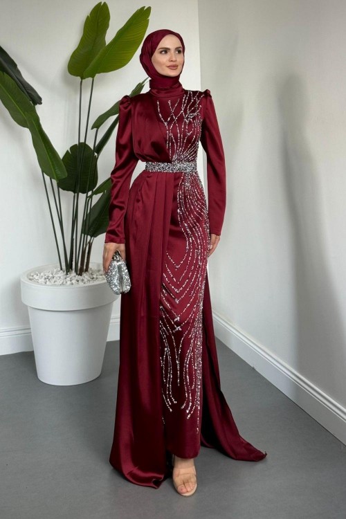 Fery Pelerinli Taşlı Saten Abiye Bordo