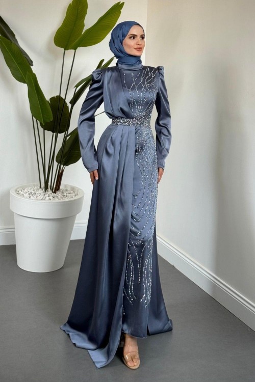 Fery Pelerinli Taşlı Saten Abiye Gri