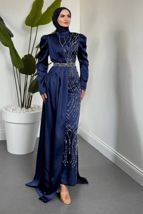Fery Pelerinli Taşlı Saten Abiye Lacivert