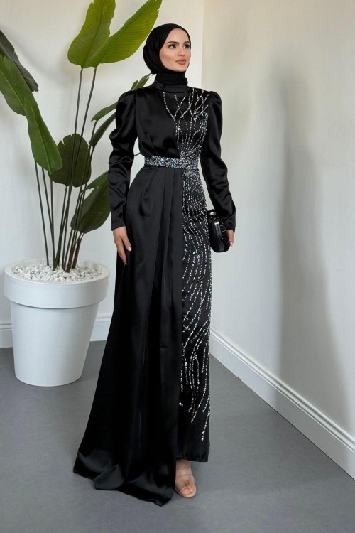 Fery Pelerinli Taşlı Saten Abiye Siyah