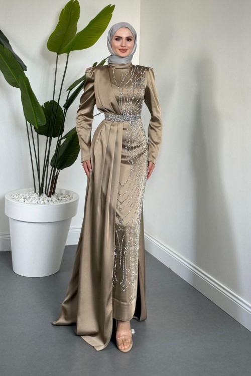 Fery Pelerinli Taşlı Saten Abiye Vizon