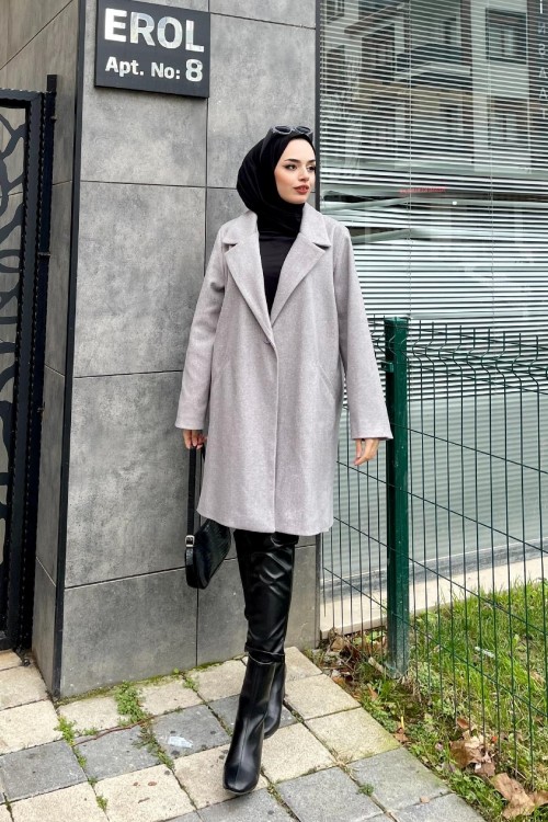 Filetolu Kısa Kaban Gri