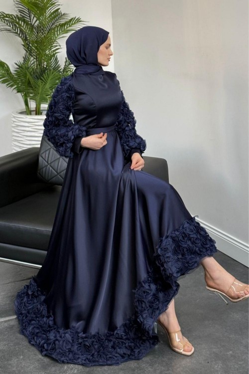 Fiona Kolları ve Alt Kısmı Gül Detay Saten Abiye Lacivert