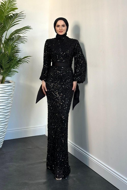 Firida Pul Payet Balık Abiye Siyah