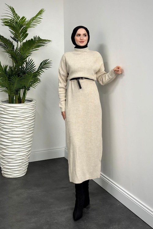 Fitilli Triko Elbise Bej