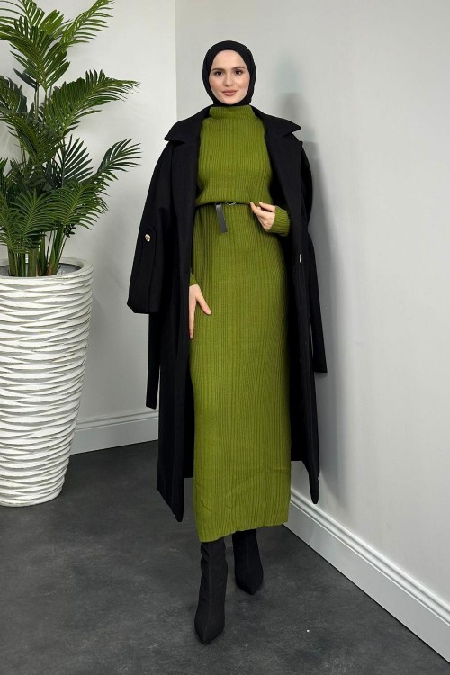 Fitilli Triko Elbise Çağla Yeşili