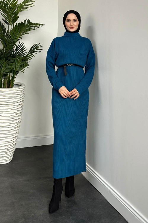 Fitilli Triko Elbise İndigo