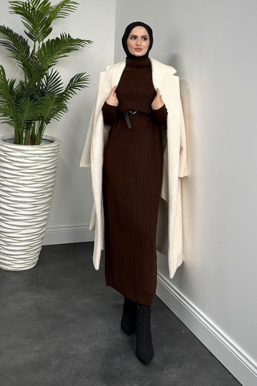 Fitilli Triko Elbise Kahverengi