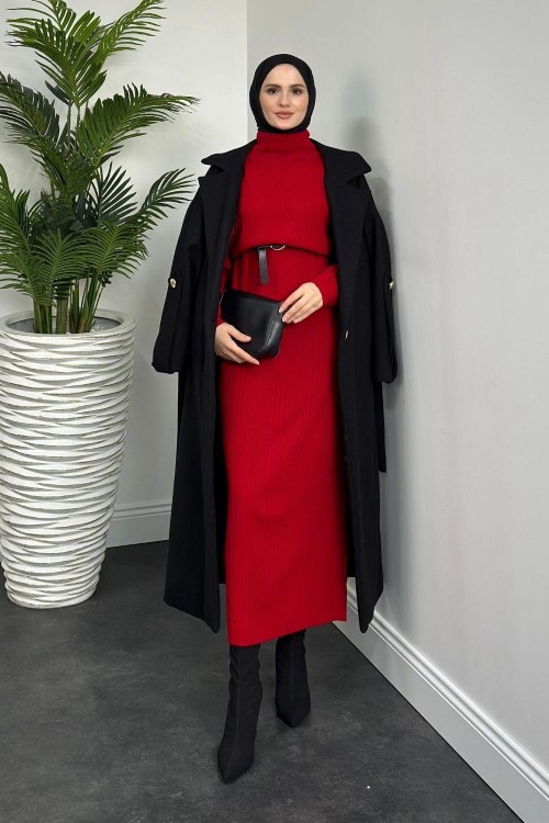 Fitilli Triko Elbise Kırmızı