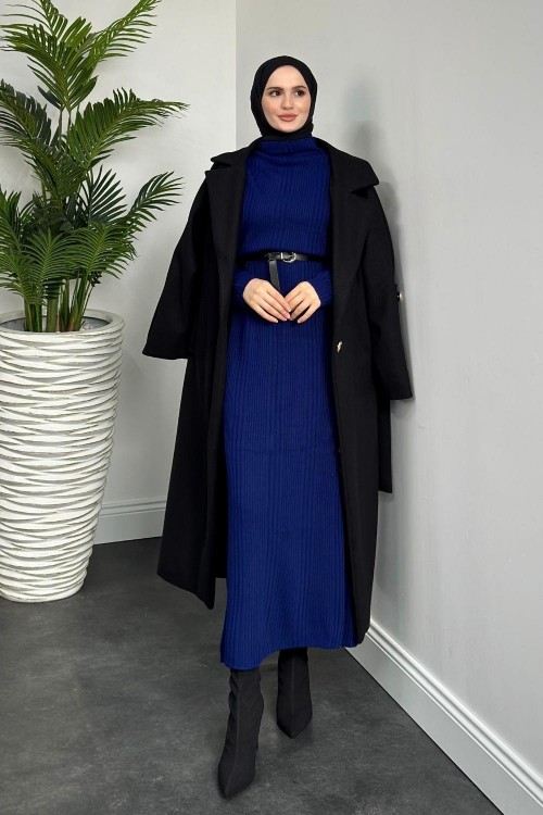 Fitilli Triko Elbise Lacivert