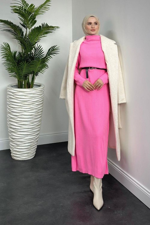 Fitilli Triko Elbise Pembe