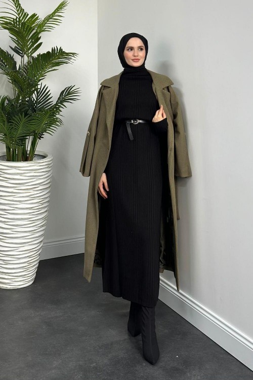 Fitilli Triko Elbise Siyah