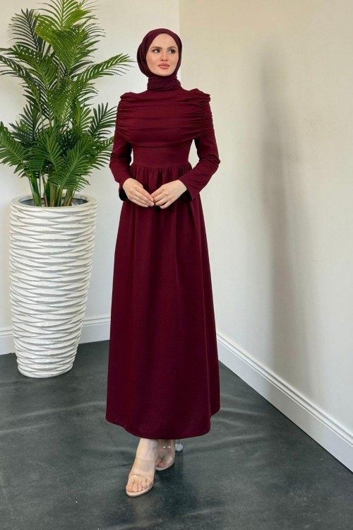 Flora Üstü Pelerinli Elbise Bordo