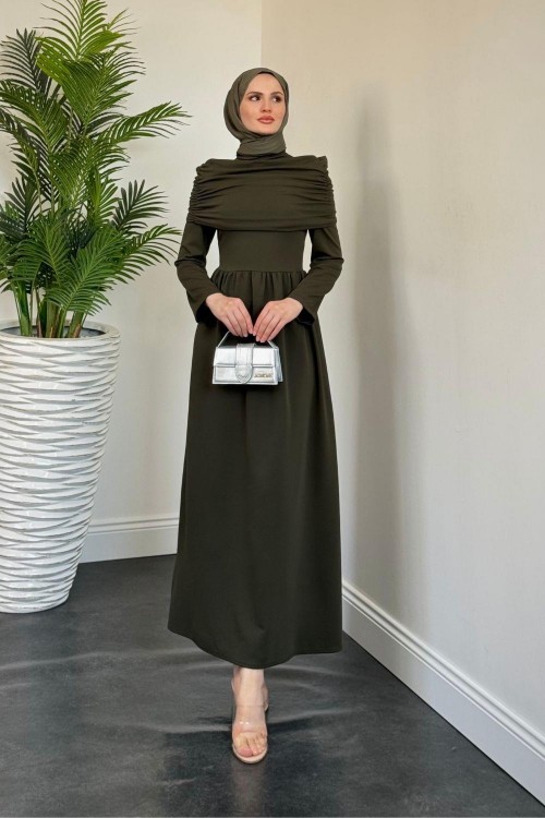 Flora Üstü Pelerinli Elbise Haki
