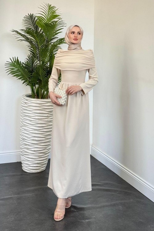 Flora Üstü Pelerinli Elbise Krem