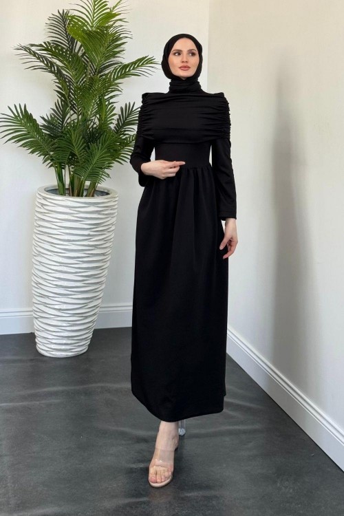 Flora Üstü Pelerinli Elbise Siyah