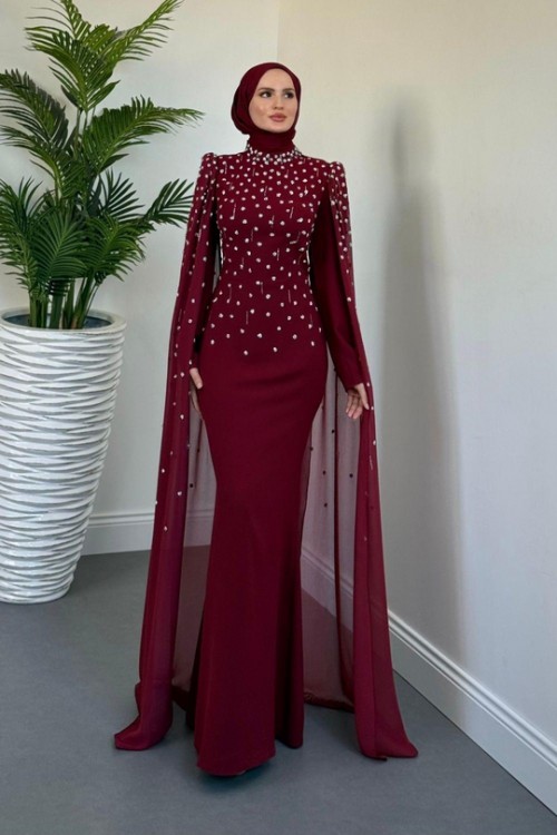 Flow Taşlı Pelerinli Abiye Bordo