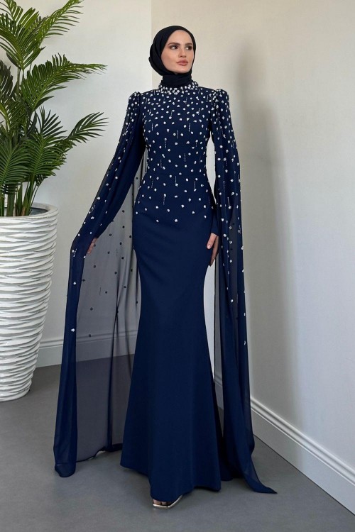 Flow Taşlı Pelerinli Abiye Lacivert