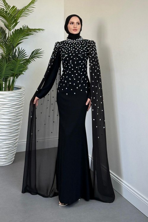 Flow Taşlı Pelerinli Abiye Siyah