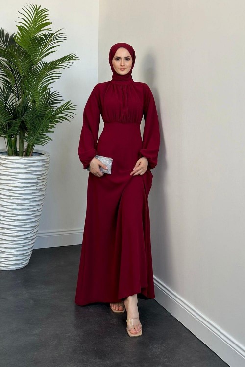 Frencesca Üstü Drape Kloş Krep Elbise Bordo