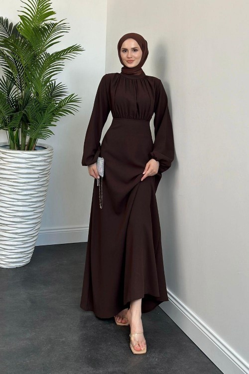 Frencesca Üstü Drape Kloş Krep Elbise Kahverengi