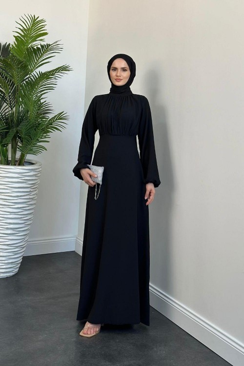 Frencesca Üstü Drape Kloş Krep Elbise Siyah