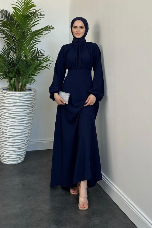 Frencesca Üstü Drape Kloş Krep Elbise Lacivert