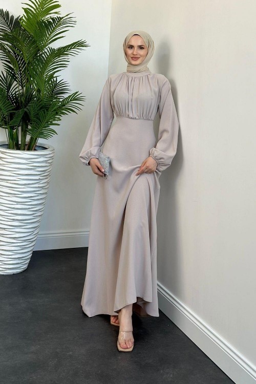 Frencesca Üstü Drape Kloş Krep Elbise Krem