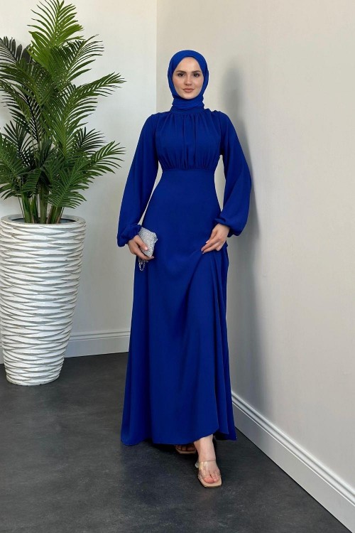 Frencesca Üstü Drape Kloş Krep Elbise Sax