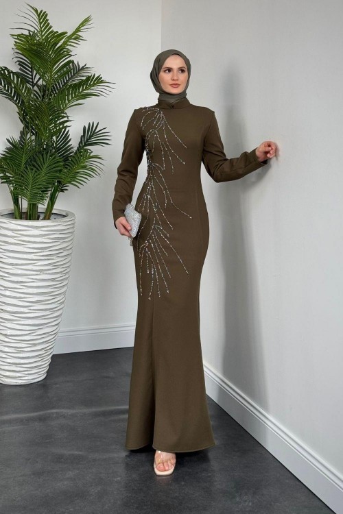 Frezya Yanı Taşlı Balık Abiye Haki