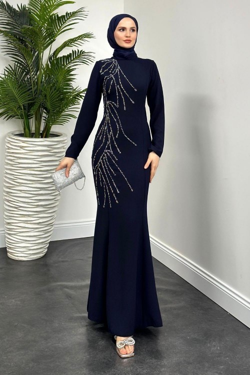 Frezya Yanı Taşlı Balık Abiye Lacivert