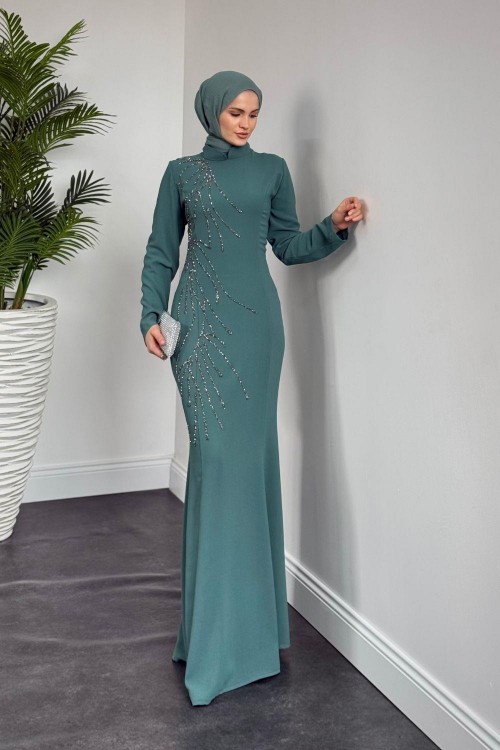 Frezya Yanı Taşlı Balık Abiye Mint